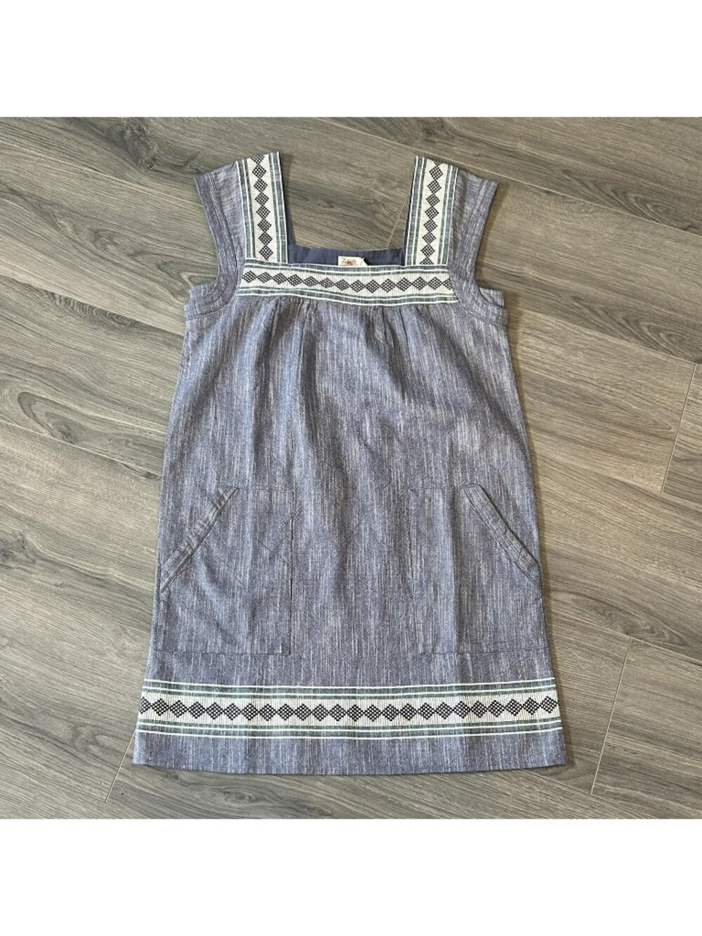 Faherty Hailee Dress Womens Small Blue Jacquard Square Neck Pockets Embroidered